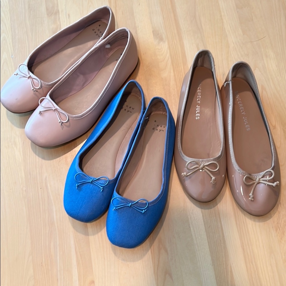 Three pairs of ballet flats with classic bows.